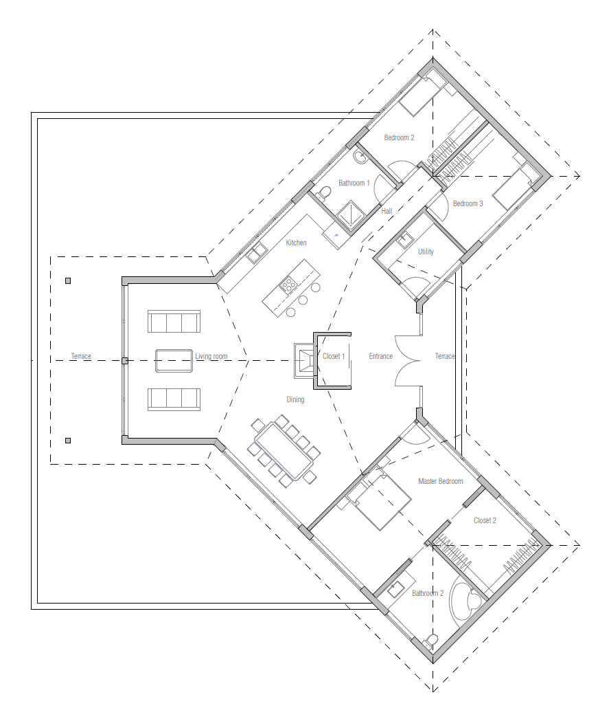  Modern  house  plan  with high vaulted ceiling and open 